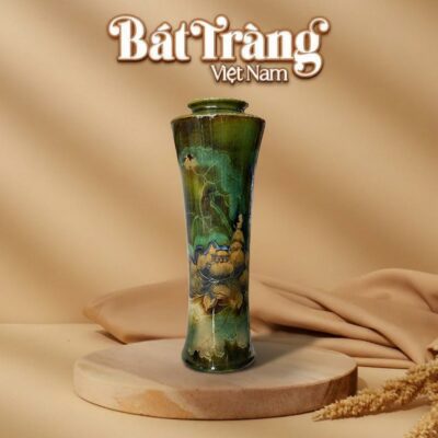 Lọ hoa Bát Tràng men hỏa biến xanh rêu dáng trúc cao vẽ hoa sen BT-LH62 - Ảnh đại diện