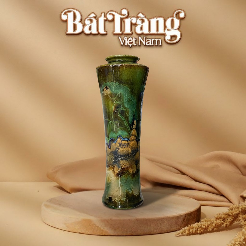 Lọ hoa Bát Tràng men hỏa biến xanh rêu dáng trúc cao vẽ hoa sen BT-LH62 - Ảnh đại diện Lọ hoa Bát Tràng men hỏa biến xanh rêu dáng trúc cao vẽ hoa sen BT-LH62 - Ảnh đại diện