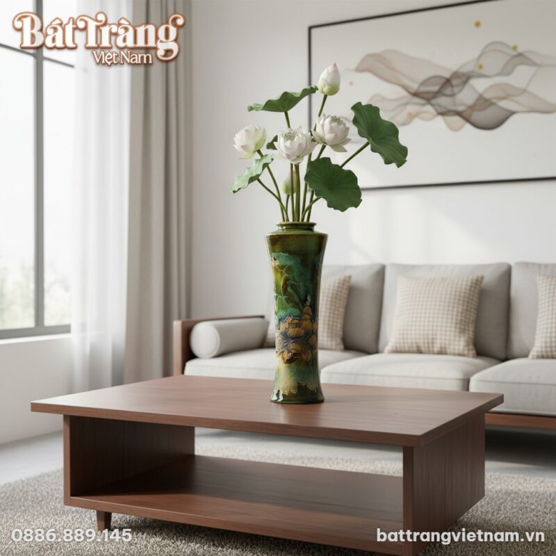 Lọ hoa Bát Tràng men hỏa biến xanh rêu dáng trú...