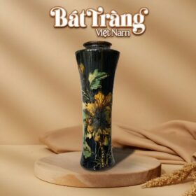 Lọ hoa Bát Tràng vẽ hoa phù dung dáng trúc cao men đen BT-LH60