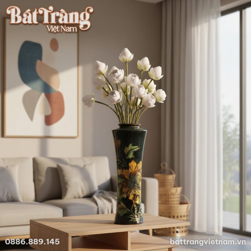 Lọ hoa Bát Tràng men đen dáng trúc cao 44cm đặt... Lọ hoa Bát Tràng men đen dáng trúc cao 44cm đặt...