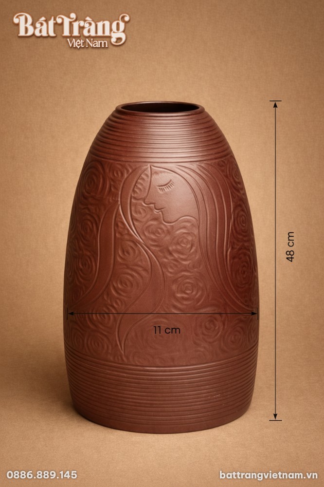 K&iacute;ch thước Lọ hoa d&aacute;ng chu&ocirc;ng hoạ tiết c&ocirc; g&aacute;i men n&acirc;u trầm B&aacute;t Tr&agrave;ng BT_LH55