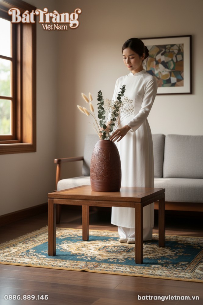 Một chiếc b&igrave;nh gốm B&aacute;t Tr&agrave;ng cao 48cm được trưn...