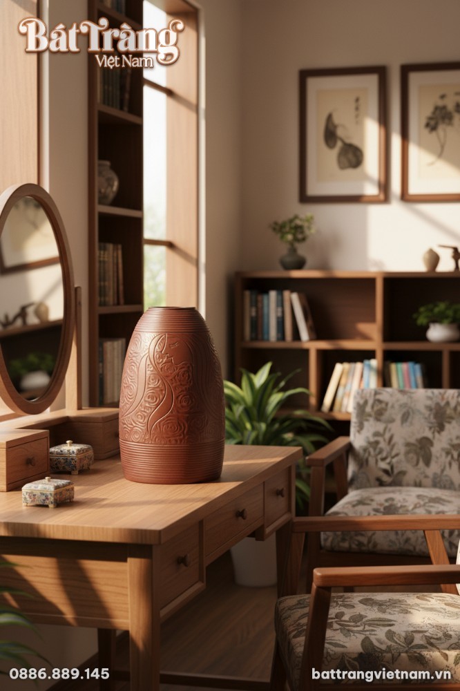 Lọ hoa gốm B&aacute;t Tr&agrave;ng 48cm đặt tr&ecirc;n một đ&ocirc;n gỗ n...