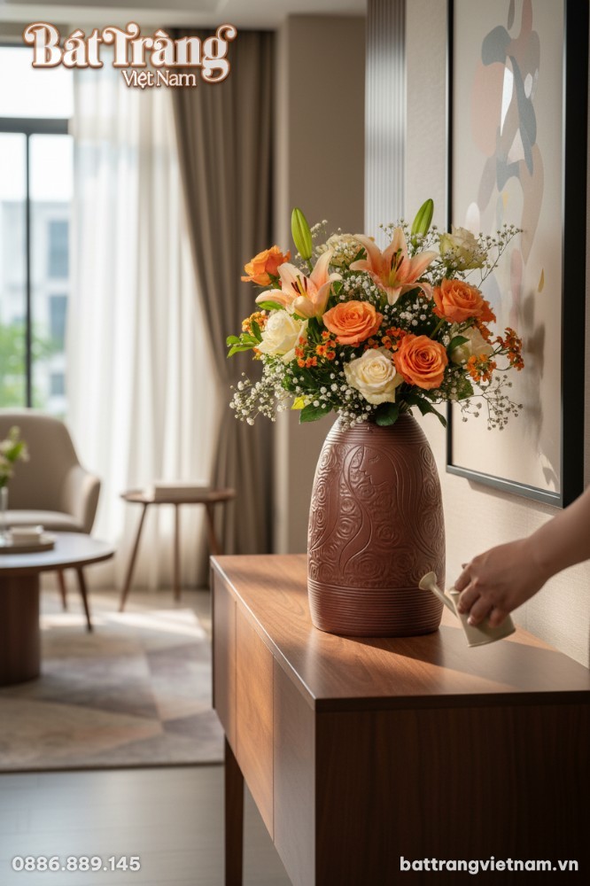 Lọ hoa gốm B&aacute;t Tr&agrave;ng 48cm đặt tr&ecirc;n b&agrave;n trang đi...