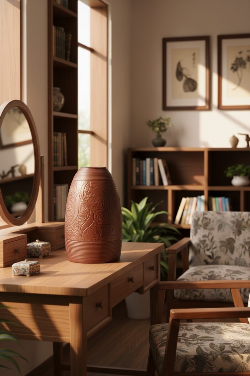 Lọ hoa gốm Bát Tràng 48cm đặt trên bàn trang đi...