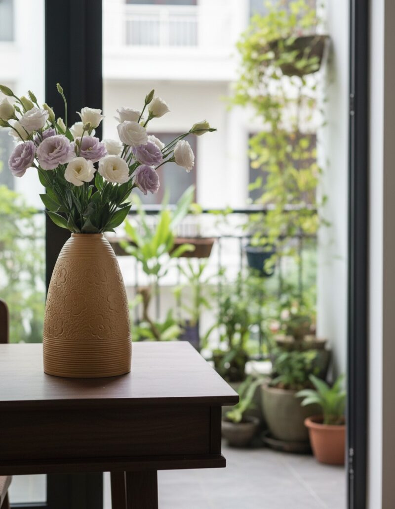 Cận cảnh lọ hoa gốm Bát Tràng cao 48cm với họa ...