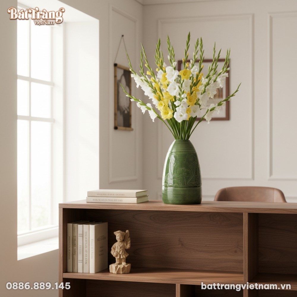 Cận cảnh lọ hoa B&aacute;t Tr&agrave;ng xanh ngọc lục bảo cao...