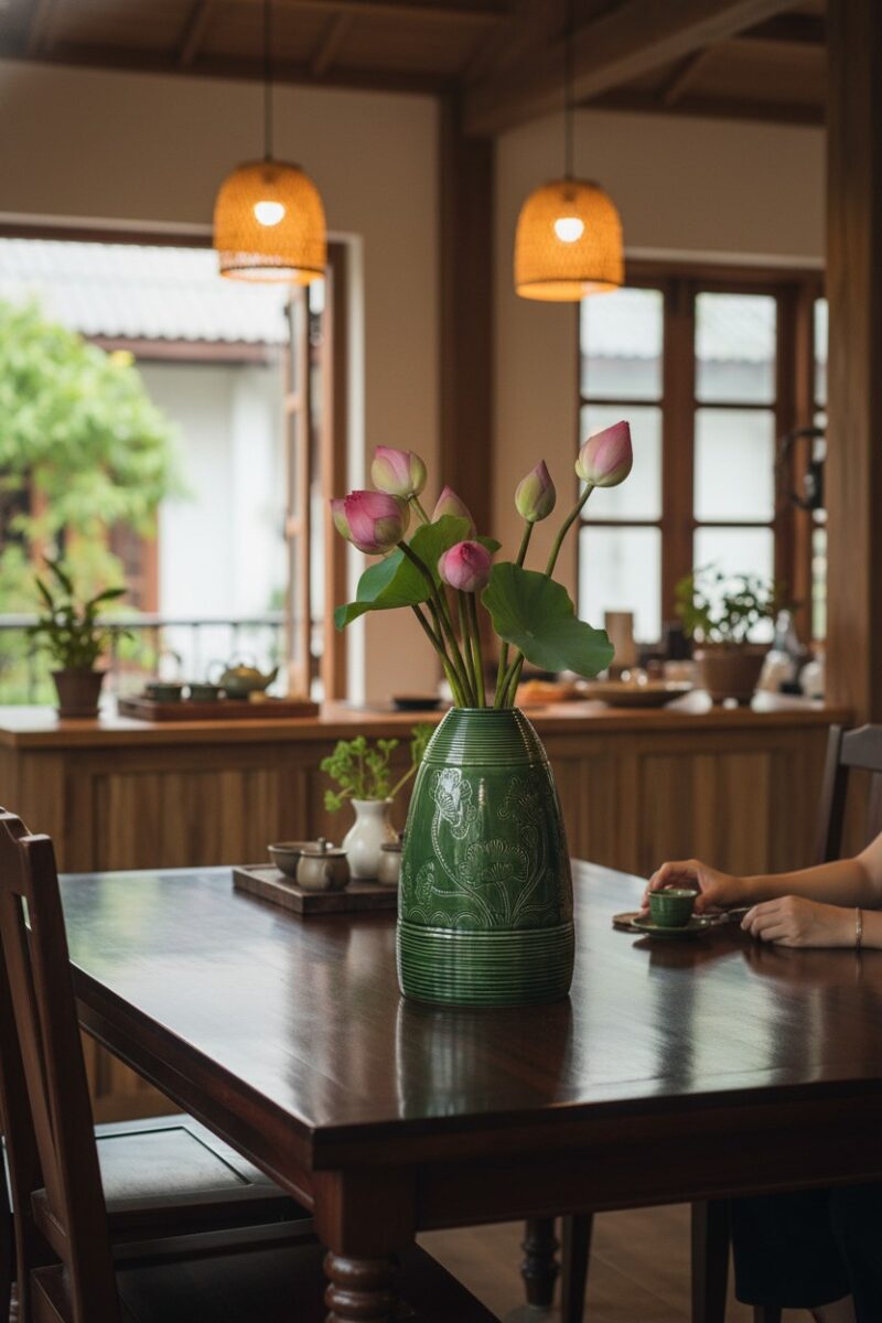 Cận cảnh lọ hoa Bát Tràng xanh ngọc lục bảo cao...