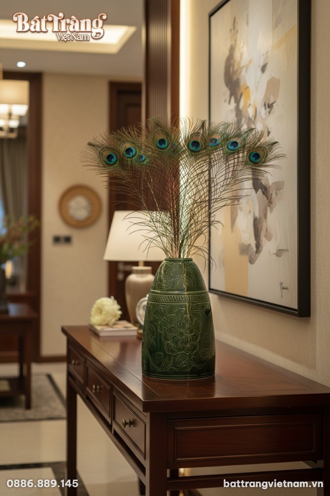 Lọ hoa gốm B&aacute;t Tr&agrave;ng d&aacute;ng chu&ocirc;ng xanh lục bảo 4...