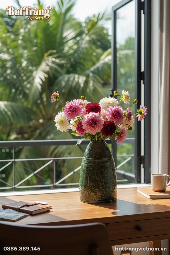 Lọ hoa gốm B&aacute;t Tr&agrave;ng d&aacute;ng chu&ocirc;ng xanh lục bảo 4...