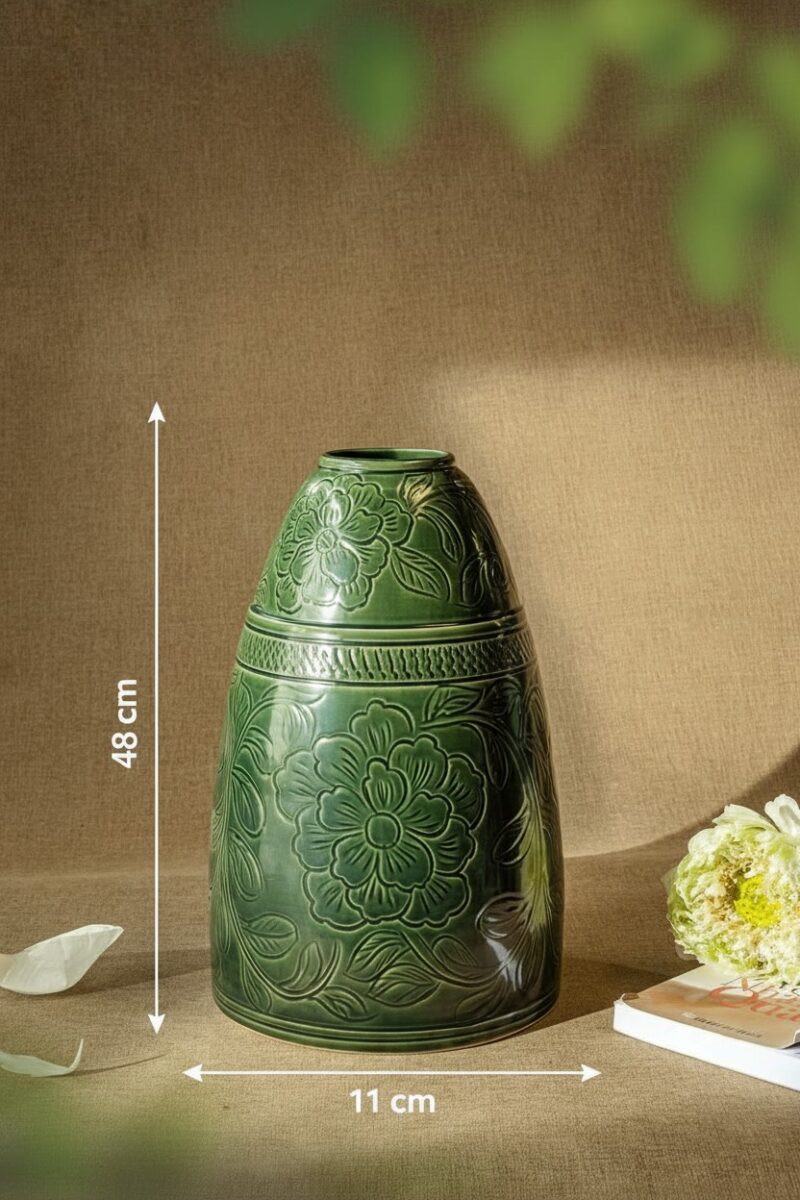 Kích thước Lọ hoa dáng chuông hoạ tiết hoa mẫu đơn màu xanh lục Bát Tràng BT_LH99