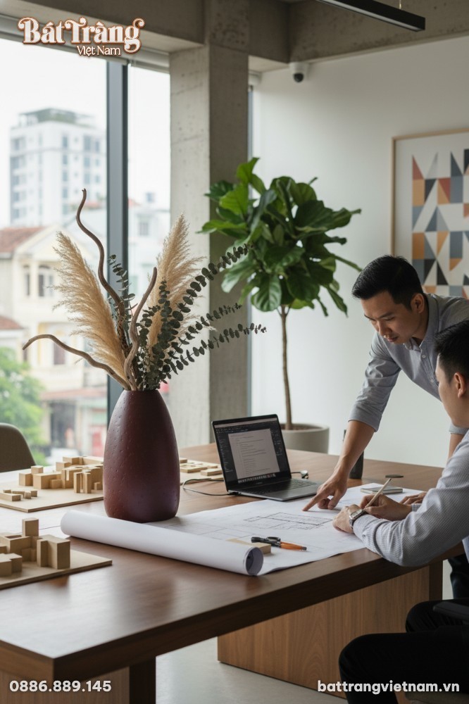 Lọ hoa gốm B&aacute;t Tr&agrave;ng d&aacute;ng chu&ocirc;ng cao 48cm với m...