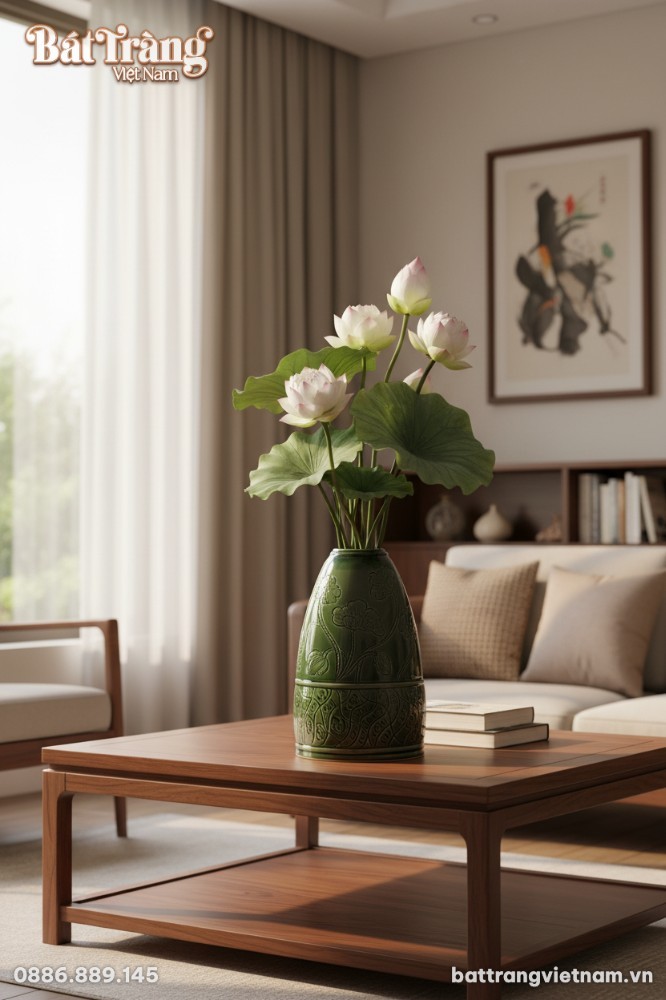 Lọ hoa dáng chuông gốm Bát Tràng men xanh ngọc,...