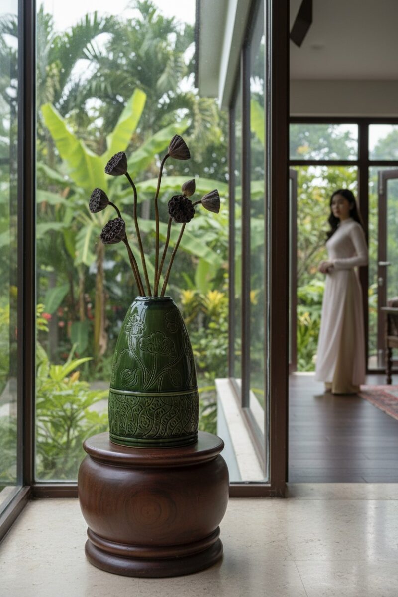 Lọ hoa gốm Bát Tràng men xanh ngọc cao 48cm, ho... Lọ hoa gốm Bát Tràng men xanh ngọc cao 48cm, ho...