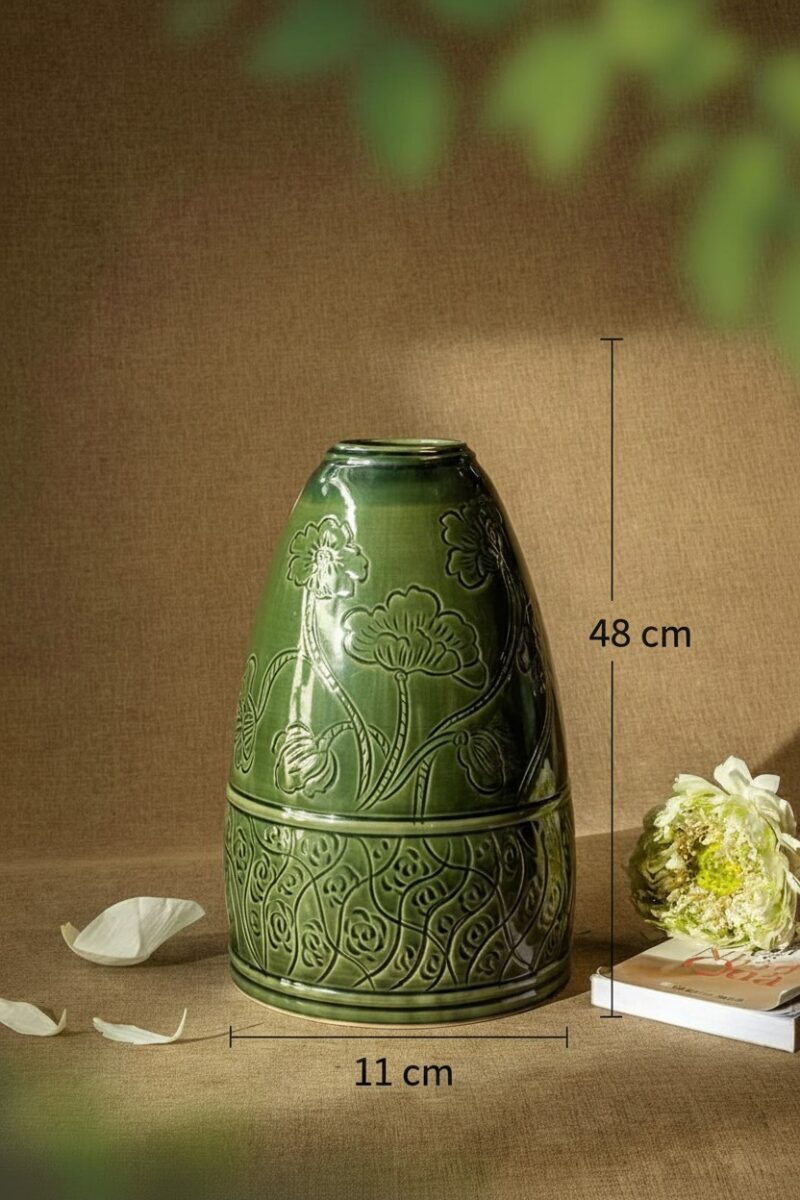 Kích thước Lọ hoa dáng chuông hoạ tiết hoa sen men xanh lục bảo Bát Tràng BT_LH100 Kích thước Lọ hoa dáng chuông hoạ tiết hoa sen men xanh lục bảo Bát Tràng BT_LH100