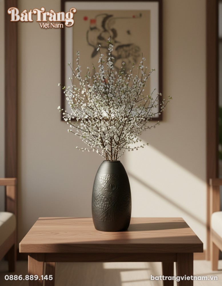 Lọ hoa sen men đen B&aacute;t Tr&agrave;ng (cao 48cm) nổi bật...