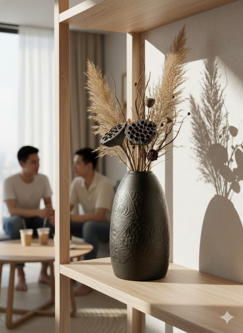 Lọ hoa men đen Bát Tràng (cao 48cm) với họa tiế...