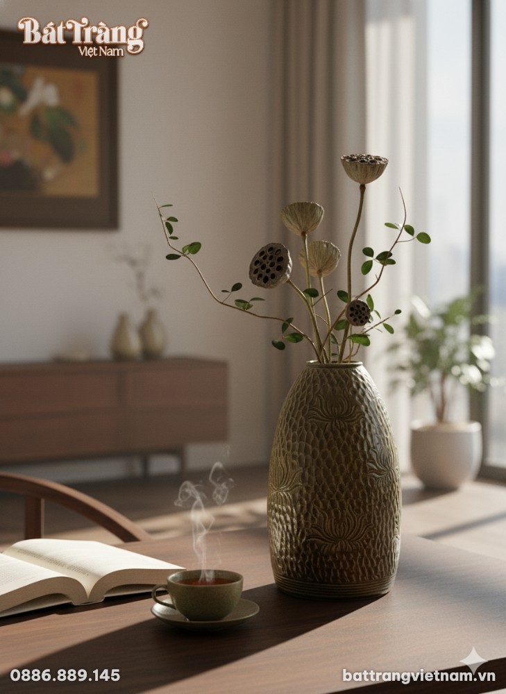 Ảnh cận cảnh lọ hoa BT_LH67 men xanh oliu với h...