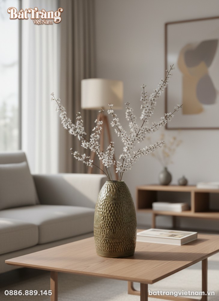 Lọ hoa BT_LH67 men rêu, cao 48cm, đặt trên bàn ...