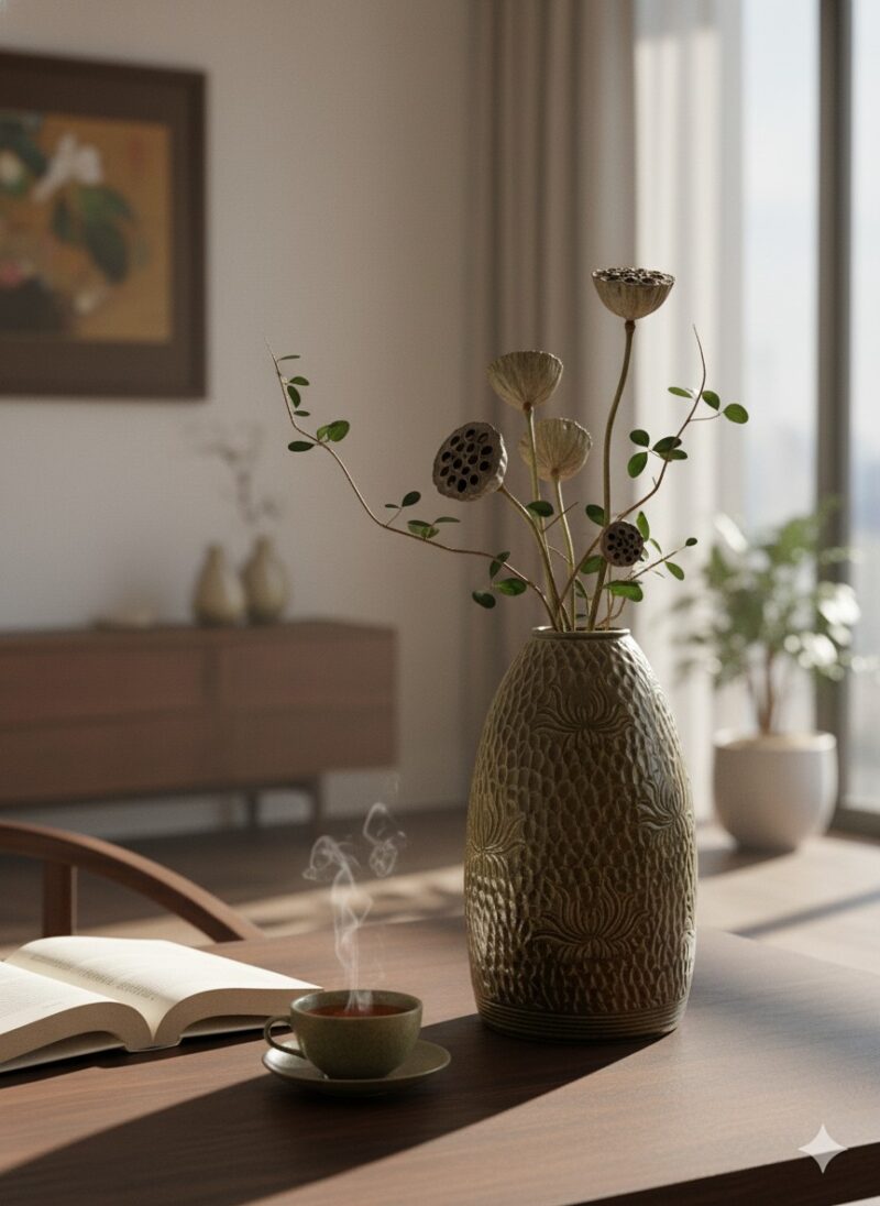 Ảnh cận cảnh lọ hoa BT_LH67 men xanh oliu với h... Ảnh cận cảnh lọ hoa BT_LH67 men xanh oliu với h...