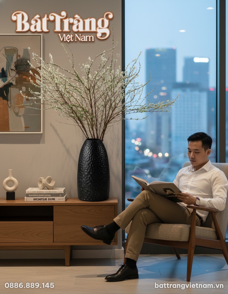 Lọ hoa gốm Bát Tràng men đen cao 52cm là điểm n...