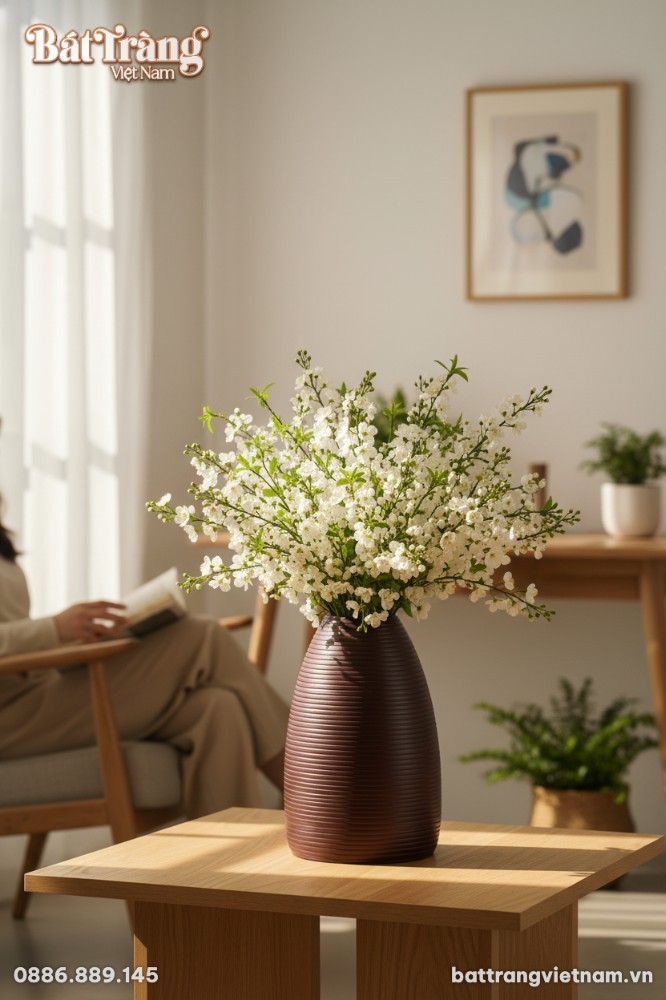 Lọ hoa dáng chuông nâu mộc Bát Tràng cao 48cm t...