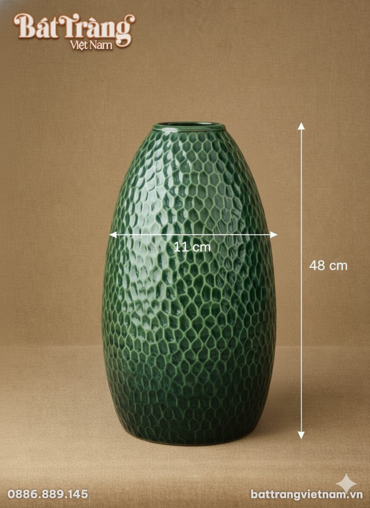 K&iacute;ch thước Lọ hoa d&aacute;ng chu&ocirc;ng hoạ tiết tổ ong men lục bảo B&aacute;t Tr&agrave;ng BT_LH66