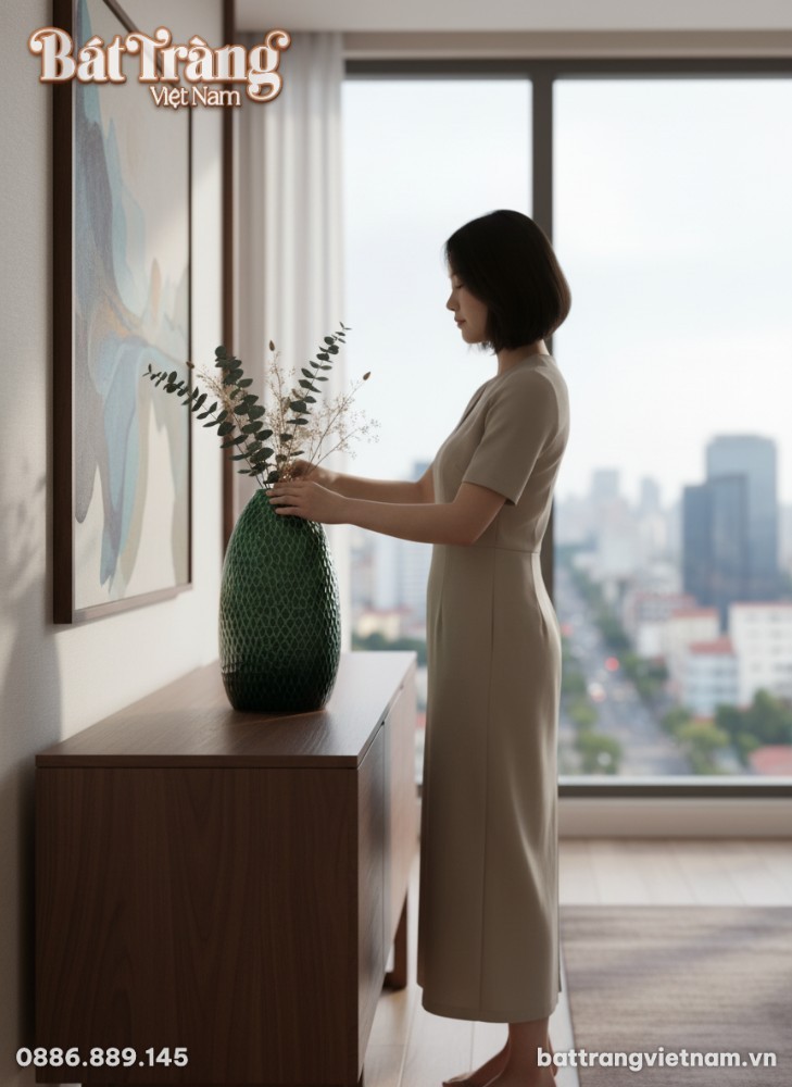 Một lọ hoa gốm B&aacute;t Tr&agrave;ng d&aacute;ng chu&ocirc;ng men lục bả...