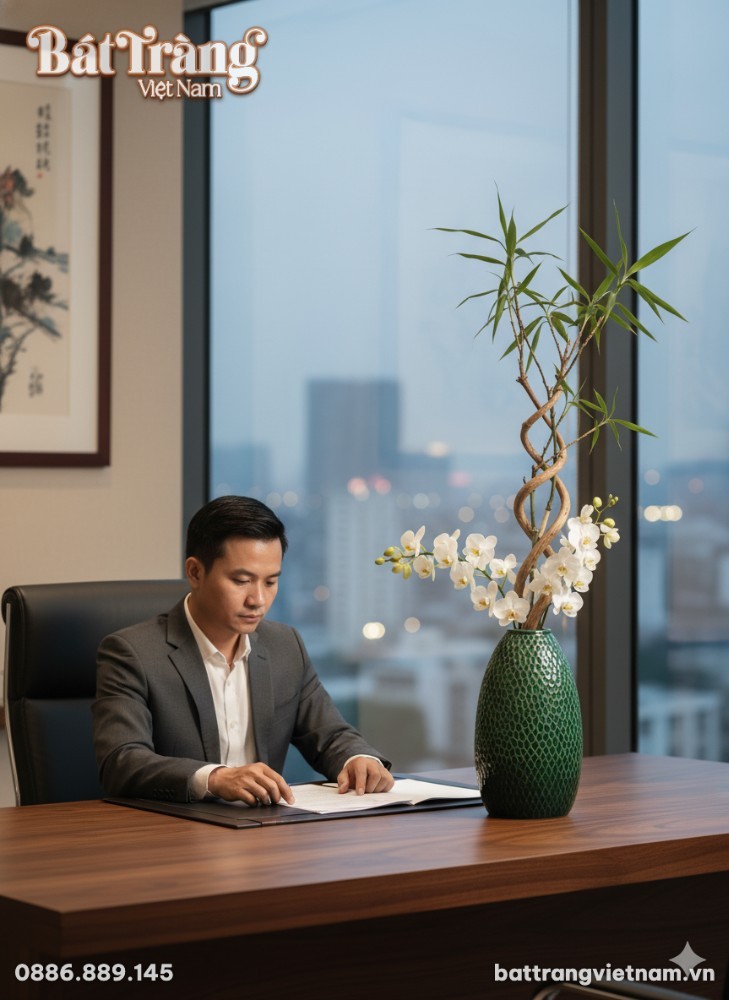 Một lọ hoa gốm B&aacute;t Tr&agrave;ng d&aacute;ng chu&ocirc;ng men lục bả...