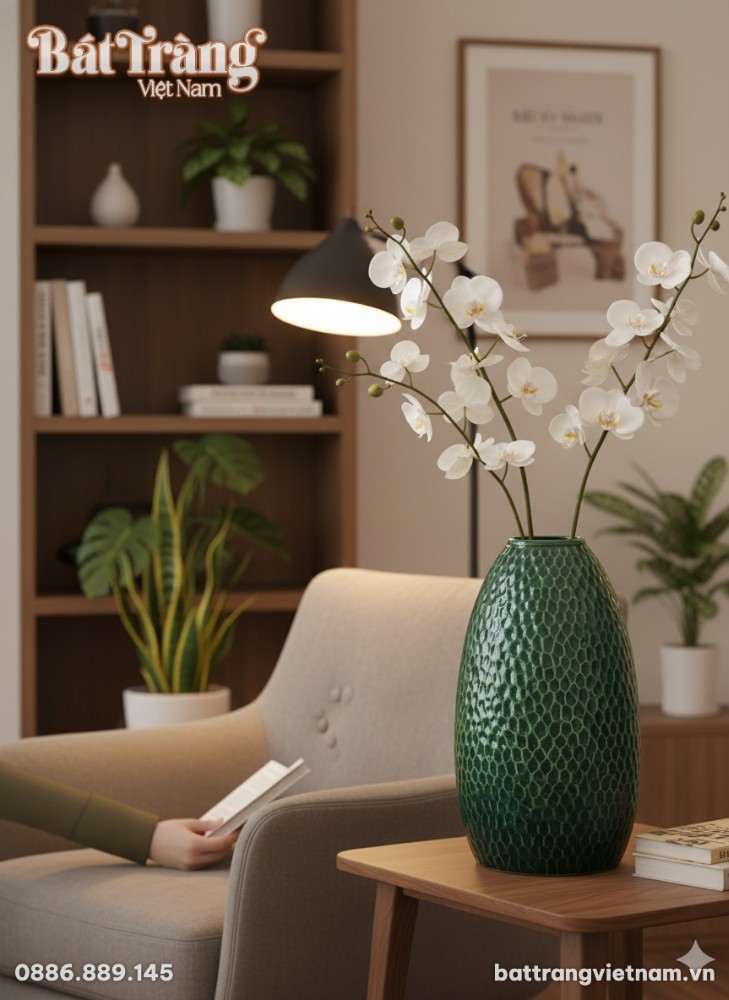 Một lọ hoa gốm B&aacute;t Tr&agrave;ng d&aacute;ng chu&ocirc;ng men lục bả...