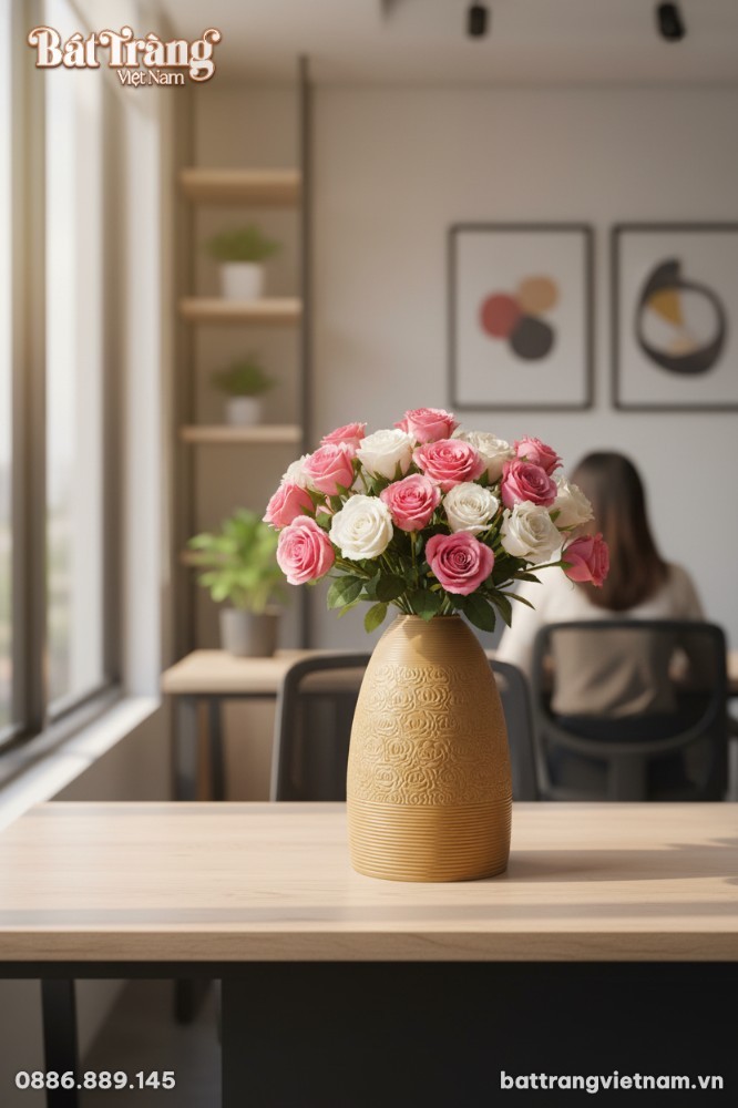 Cận cảnh lọ hoa gốm B&aacute;t Tr&agrave;ng men n&acirc;u cao 48cm ...