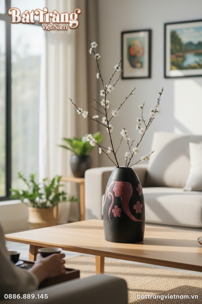 Lọ hoa gốm B&aacute;t Tr&agrave;ng men đen cao 48cm, hoạ tiết...