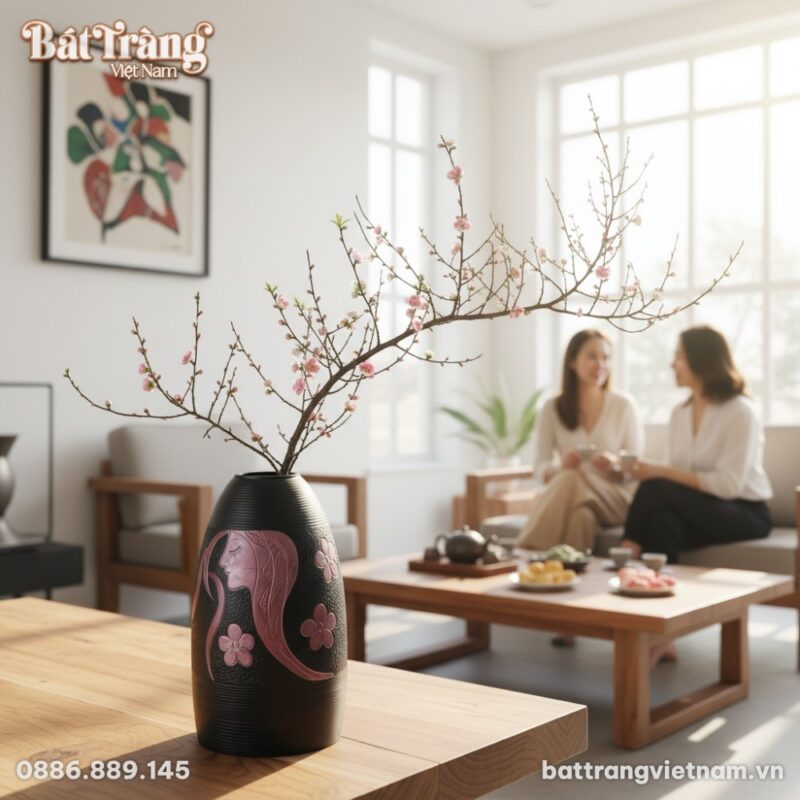 Lọ hoa gốm Bát Tràng men đen cao 48cm với hoạ t...