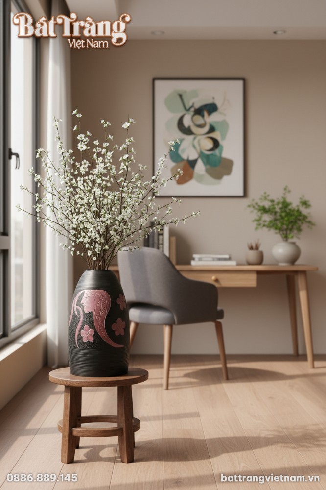 G&oacute;c nh&igrave;n cận cảnh lọ hoa gốm B&aacute;t Tr&agrave;ng men đen ...