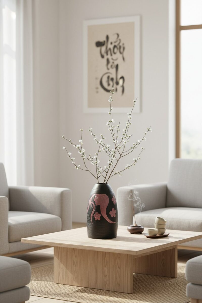 Lọ hoa gốm Bát Tràng men đen cao 48cm, được đặt...