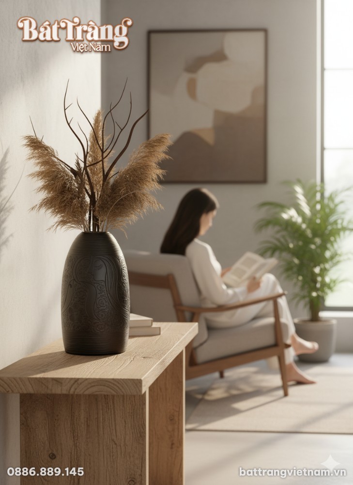 Một lọ hoa d&aacute;ng chu&ocirc;ng men đen B&aacute;t Tr&agrave;ng cao 48...