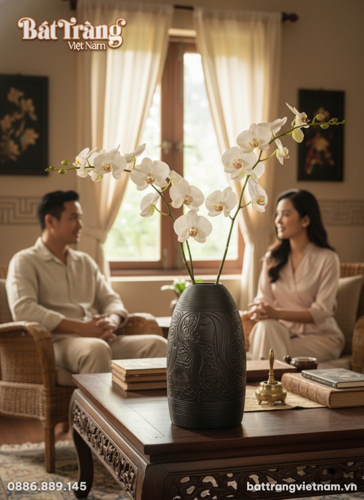 Lọ hoa d&aacute;ng chu&ocirc;ng men đen B&aacute;t Tr&agrave;ng cao 48cm đ...