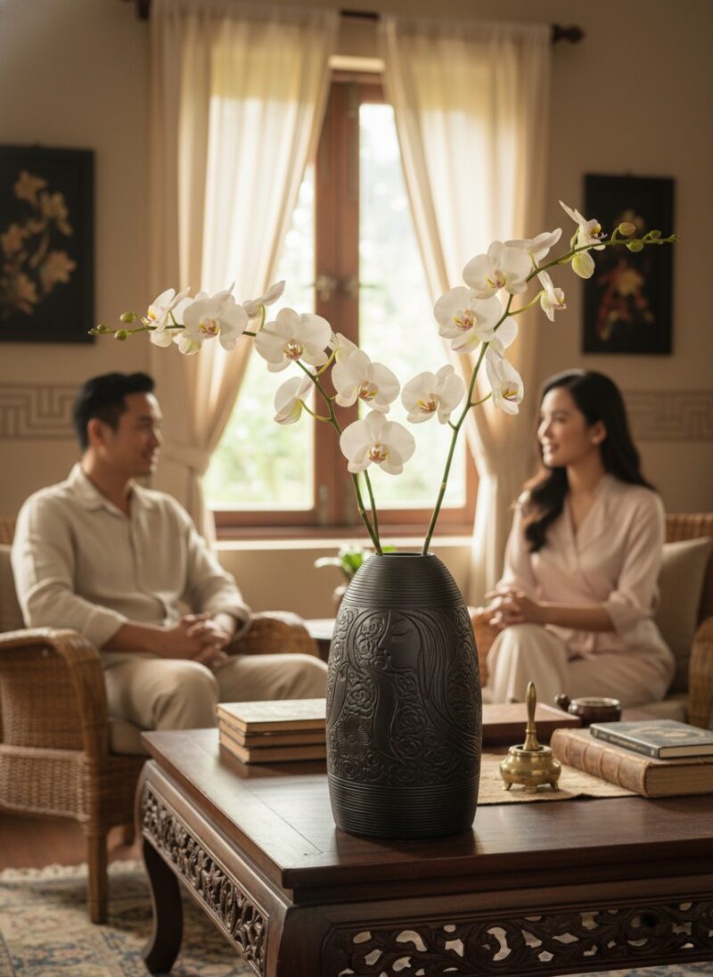 Lọ hoa dáng chuông men đen Bát Tràng cao 48cm đ...