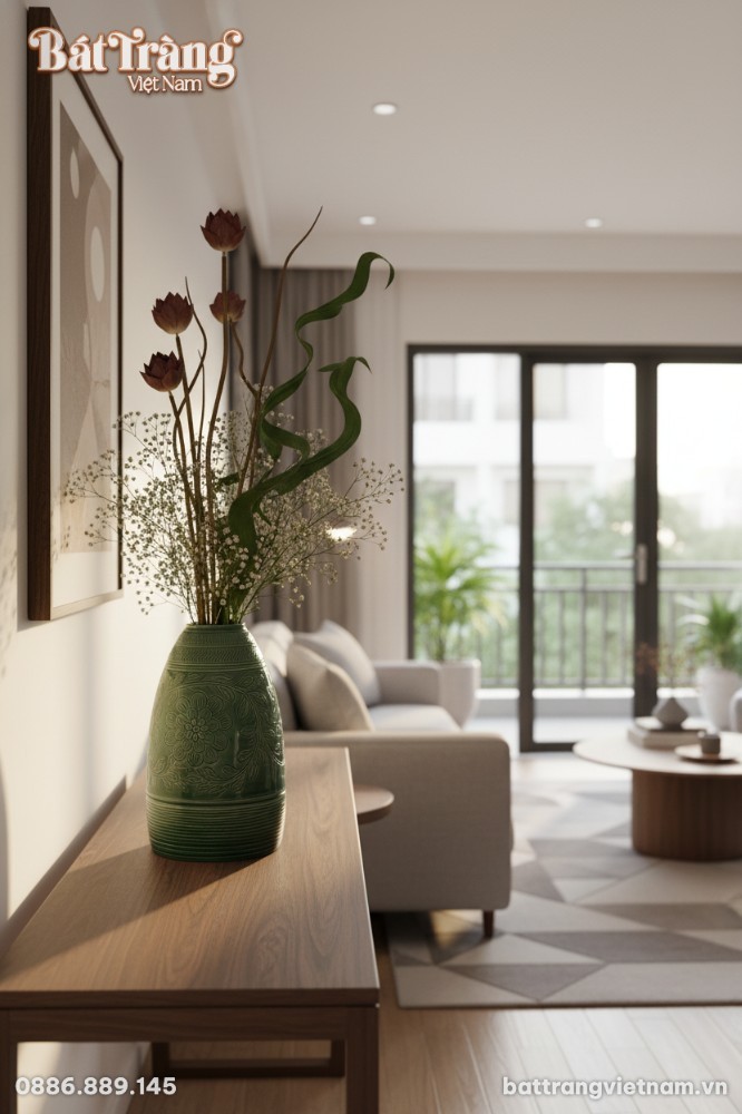 Một lọ hoa gốm B&aacute;t Tr&agrave;ng xanh ngọc b&iacute;ch cao 48c...