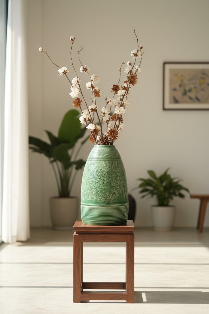 Cận cảnh lọ hoa gốm Bát Tràng xanh ngọc bích ca...