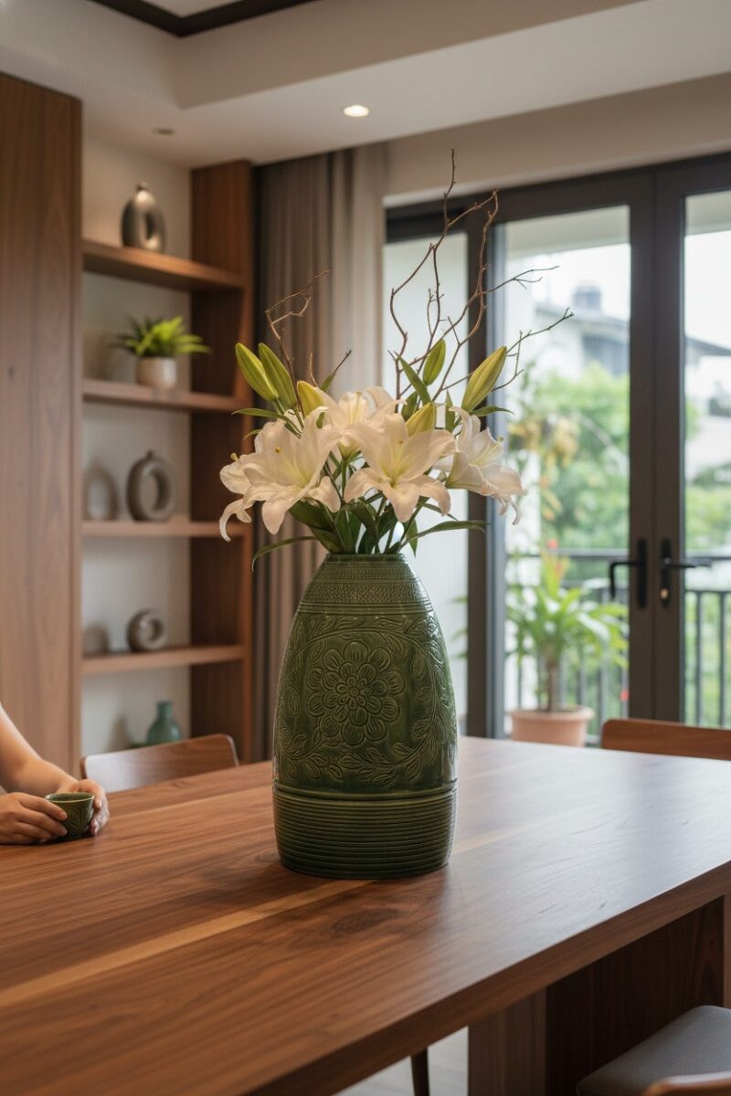 Cận cảnh lọ hoa gốm Bát Tràng xanh ngọc bích ca...