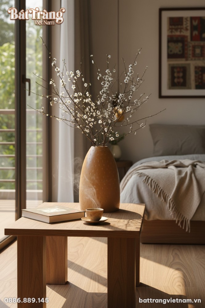 Cận cảnh lọ hoa gốm B&aacute;t Tr&agrave;ng men n&acirc;u 48cm, họa...