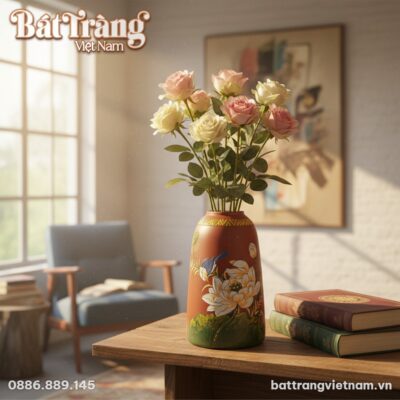 Lọ hoa gốm đất nung dáng chuông 35cm họa tiết h...