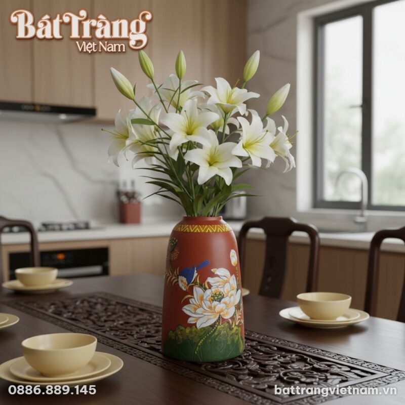 Cận cảnh lọ hoa gốm đất nung họa tiết hoa sen ...