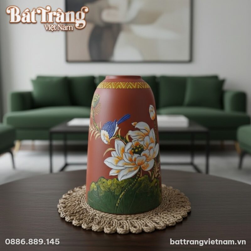 Góc chụp cận cảnh lọ hoa chính diện. Đặt trên b...