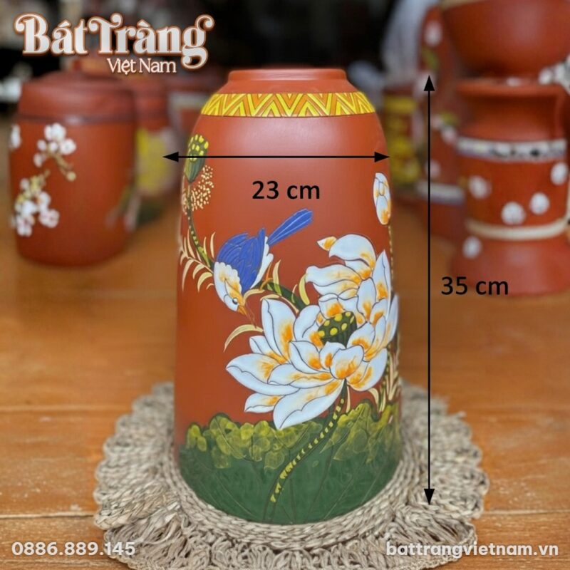 Kích thước Lọ hoa gốm đất nung dáng chuông họa tiết hoa sen chim én 35cm BT-LH83