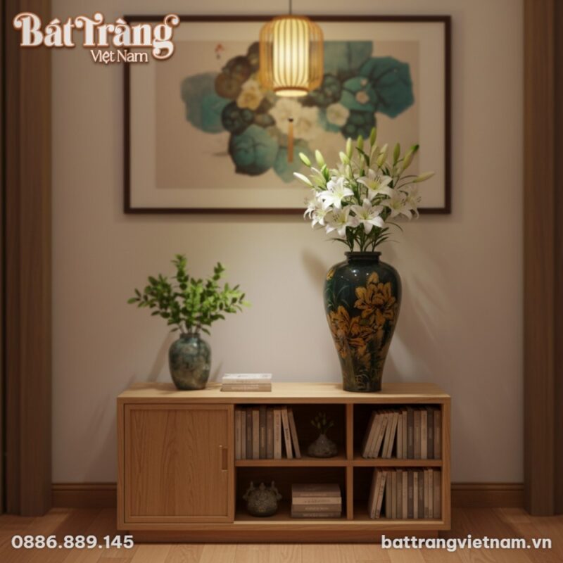 Trong một thư phòng kiểu Việt hiện đại, lọ hoa ...