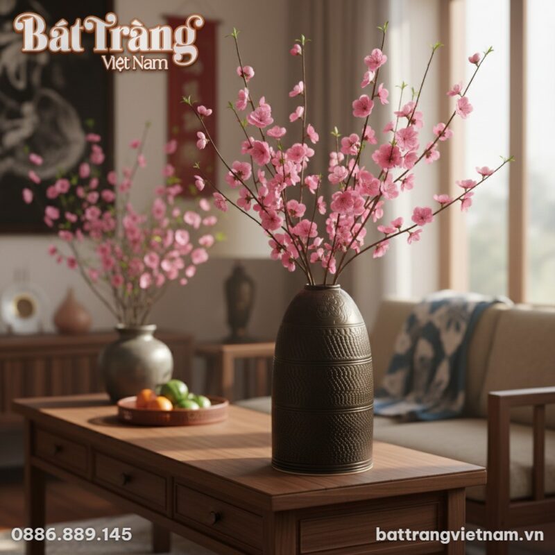 Lọ hoa gốm men mộc 52cm đặt trên đôn gỗ thấp cạ...