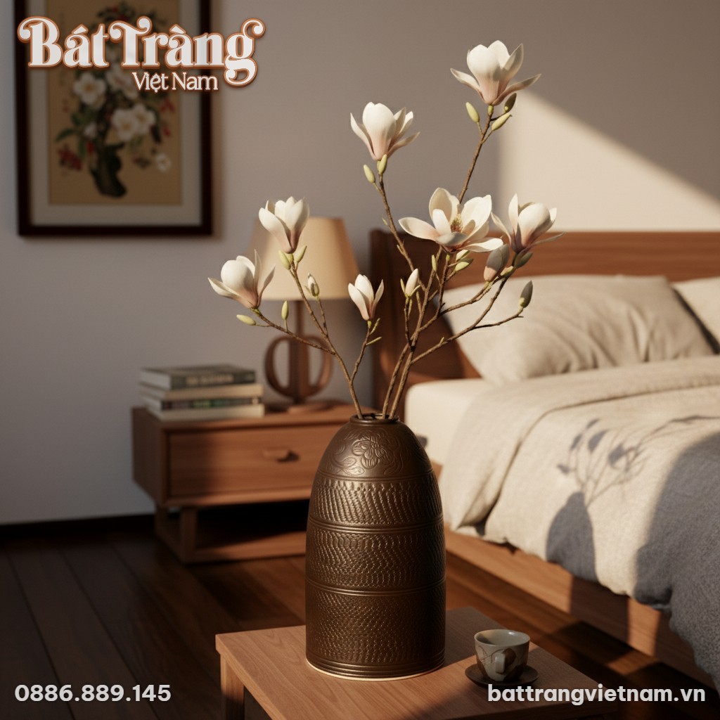 Lọ hoa gốm men mộc 52cm đặt tr&ecirc;n tủ đầu giường ...